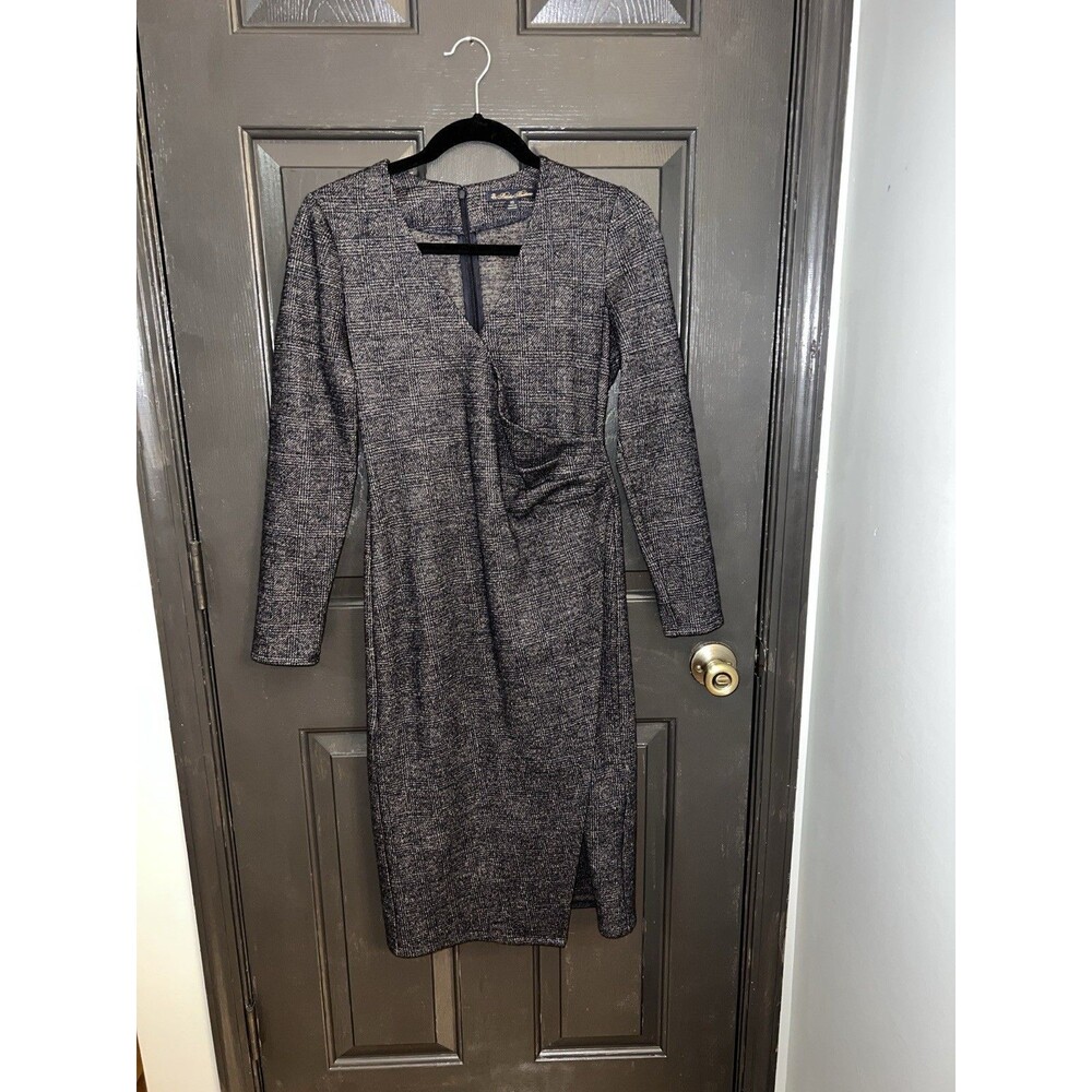 Brooks Brothers Gray Plaid Ruched Sheath Dress V-Neck Long Sleeve XS Old Money